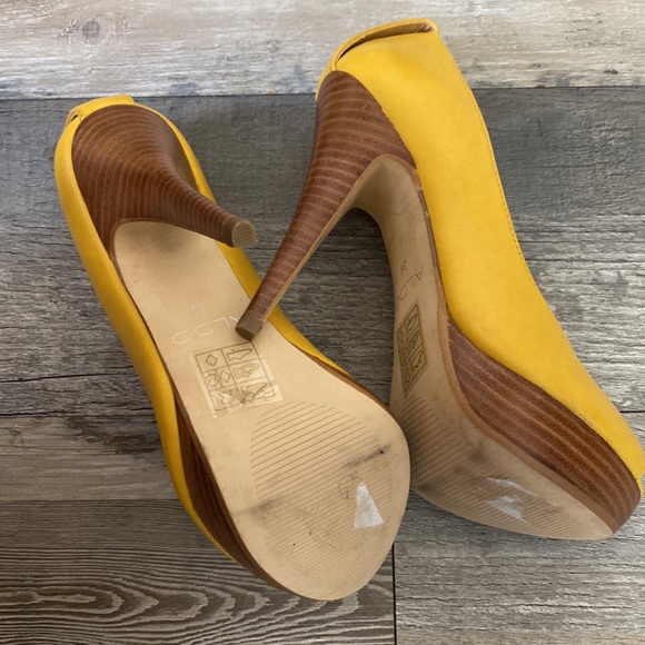 ✨4🛒 $20 ✨ Aldo Yellow Peep Toe Leather Platform Pumps Heels Sz. 36 EC 5" - Picture 9 of 14